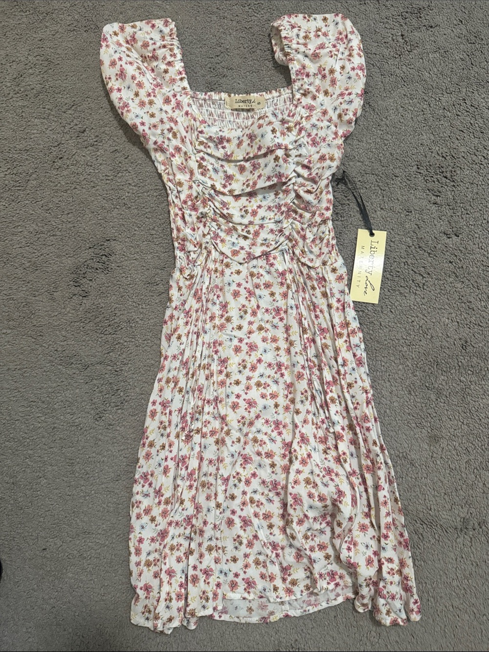 Maternity Liberty Love- White Midi Dress with Pink & Lilac Floral Print